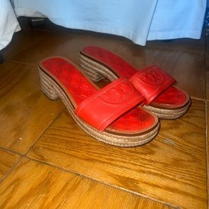 Red Tory Burch platform Fleming leather and espadrille mule heeled sandals